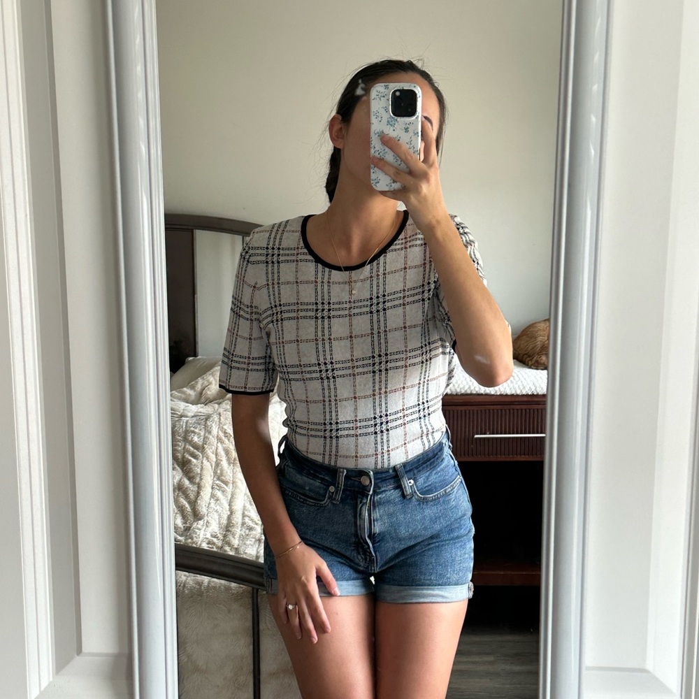 Ann Taylor Plaid Short Sleeve Shirt - Black and Cream